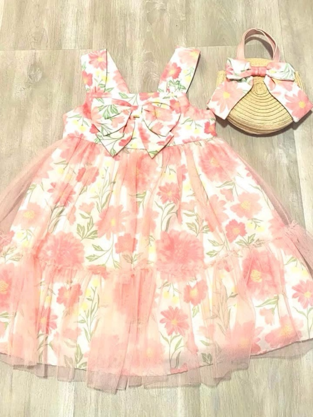 Girls Floral Pink Party Dress with Matching Bow Purse